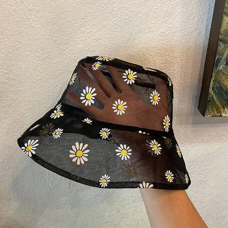 

2020 Summer Thin Mesh Gauze Small Daisy Print Fisherman Hat Female New Outdoor Breathable Sun Hat Basin Short Brim women, Gray