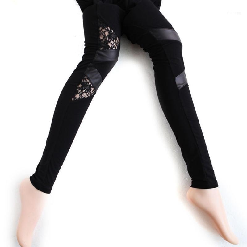 

Womens Faux Leather Lace Patchwork Stitching Hollow Out Skinny Pants Leggings1, As pic