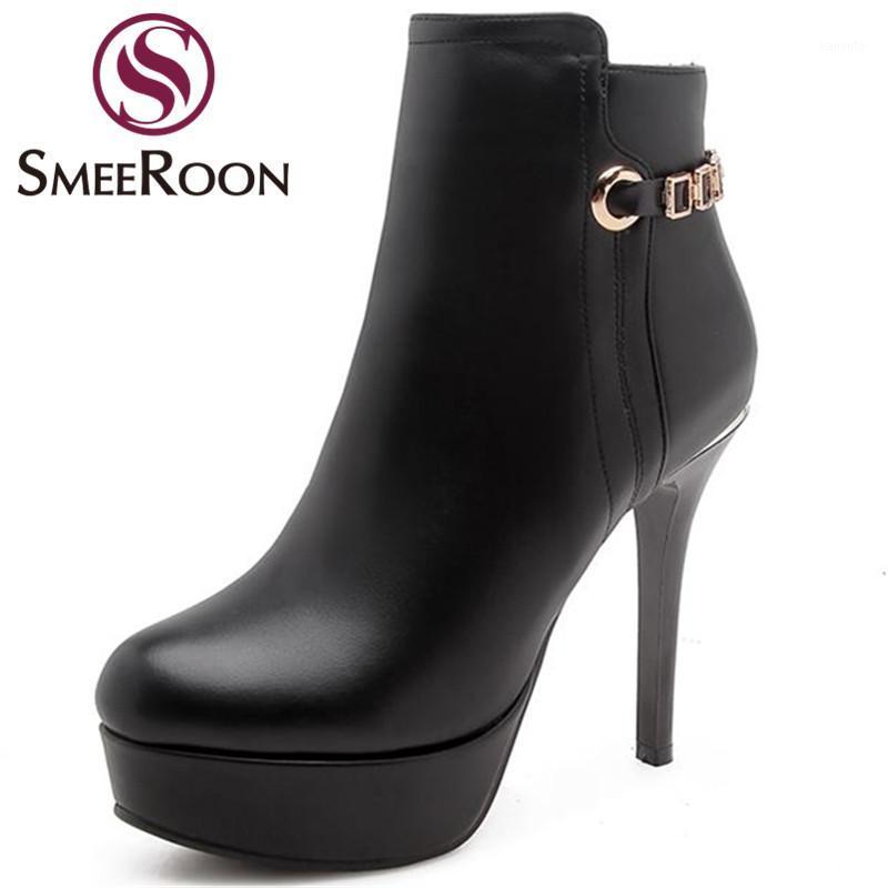 

Smeeroon hot sale ankle boots platform sexy thin high heels ladies boots round toe autumn winter women's shoes1, Black with fur