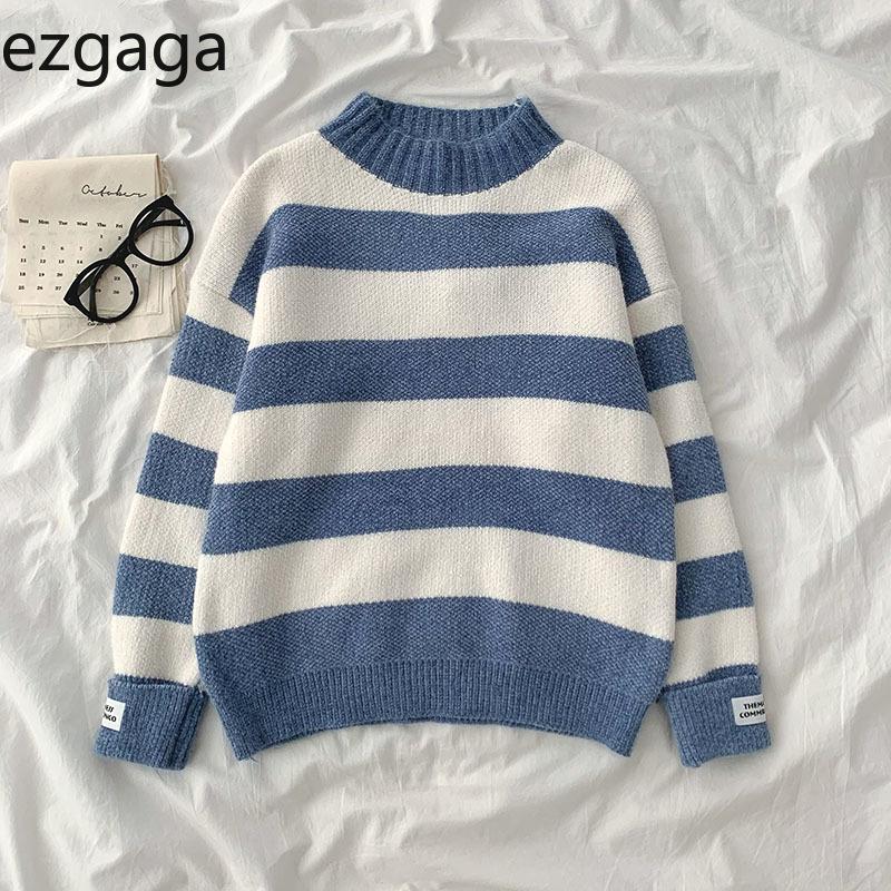 

Ezgaga Stripe Sweater Pullover Women 2020 Autumn Korean Fashion Pullover Embroidery Letter Streetwear Loose Ladies Knitted Tops, Black
