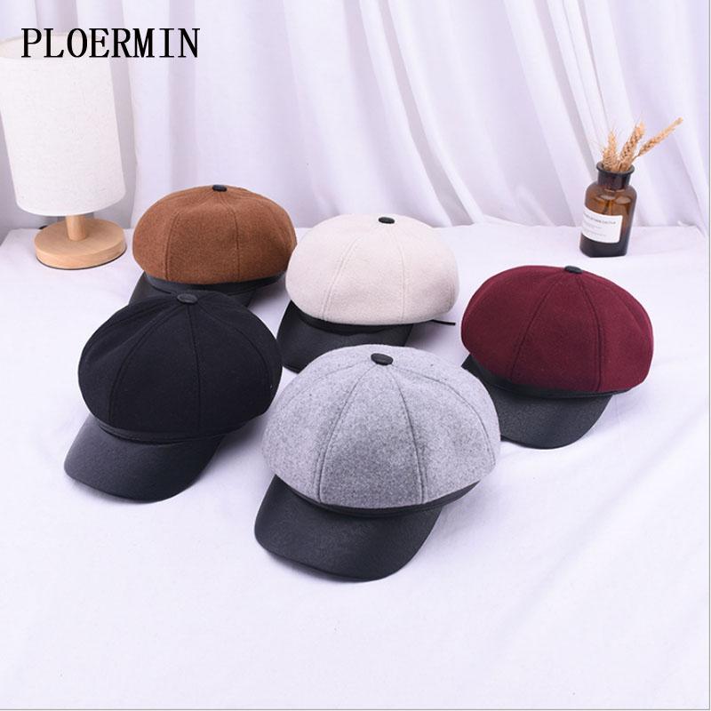 

Brand New Woolen Octagonal Hat Women Autumn Winter Wool Beret Caps Female Casual Painter Hats PU Leather Stitching Beret Hat, Black
