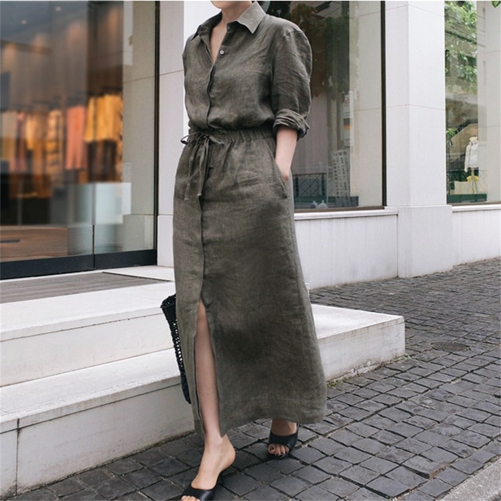 

LANMREM Solid Color Lapel Long Sleeve Drawstring Cotton And Linen Loose Woman Dress Casual Fashion 2020 autumn Dresses New LJ200820, Green