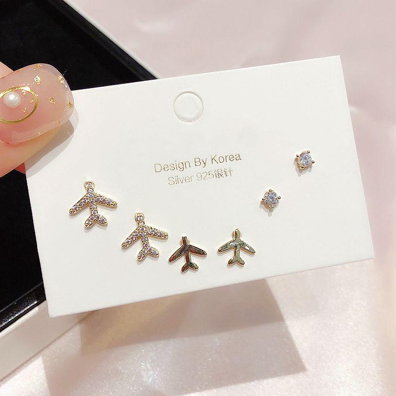 

Exquisite 3 Pairs Small CZ Crystal Plane Stud Earrings Gold Color Cubic Zircon Earrings for Women Girls