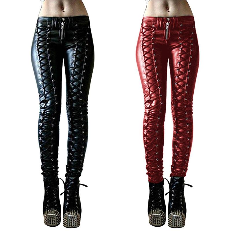 

Steampunk Women Faux Leather Cosplay Pants Carnival Party Skinny Button Trousers pants for women, Black
