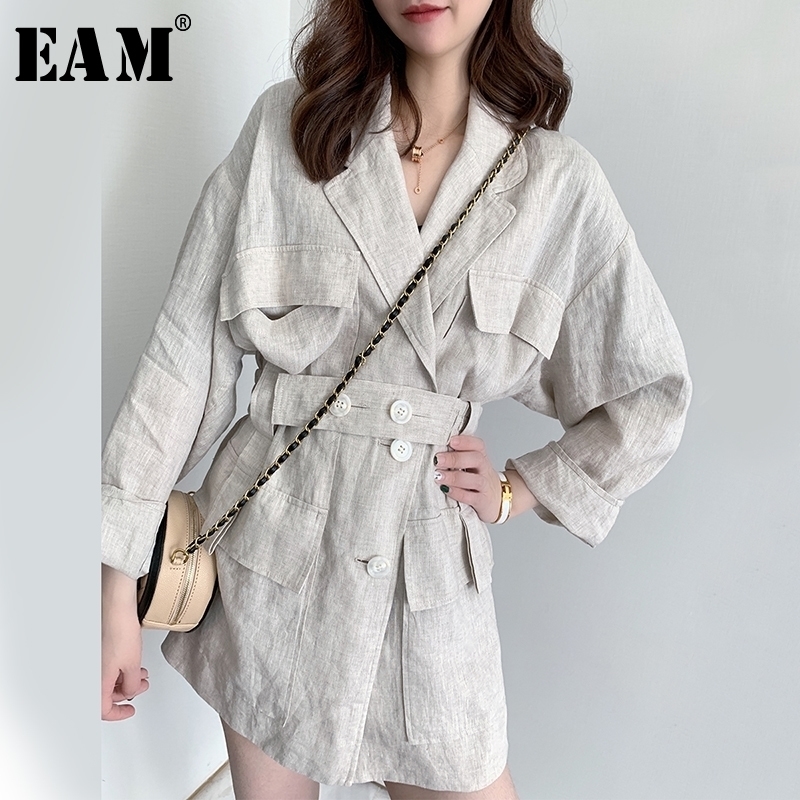 

[EAM] Loose Fit Linen Button Split Joint Big Size Jacket New Lapel Long Sleeve Women Coat Fashion Tide Spring 1X5010 201123, As shown