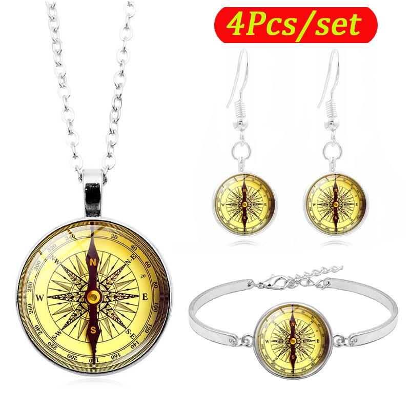 

Vintage Pirate Compass Glass Cabochon Jewelry Set Fashion Accessories Necklace Bracelet Earring Jewelry Sets for Women, As pic