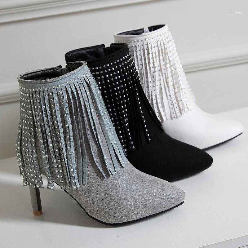 

2020 autumn winter new party women's shoes fringed beaded Nubuck leather women's boots ladies elegant high heel ankle boots1, White