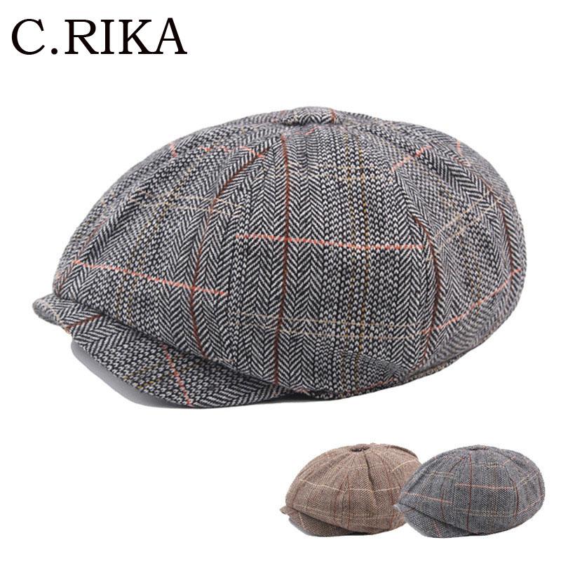 

Spring Autumn Men Beret Vintage Plaid Gatsby Tweed Peaky Newsboy Cap Beret Hat Casual Dad Cap Painter Hat Unisex Octagonal, Dark brown