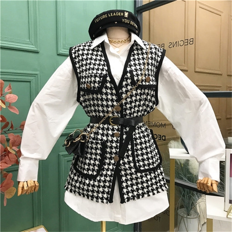 

New 2021 New Fall Style Waist Hugging Long Sleeveless Shirt Graceful Tweed Vest Two Pieces Together Woman Uzf8 PU2G, Black