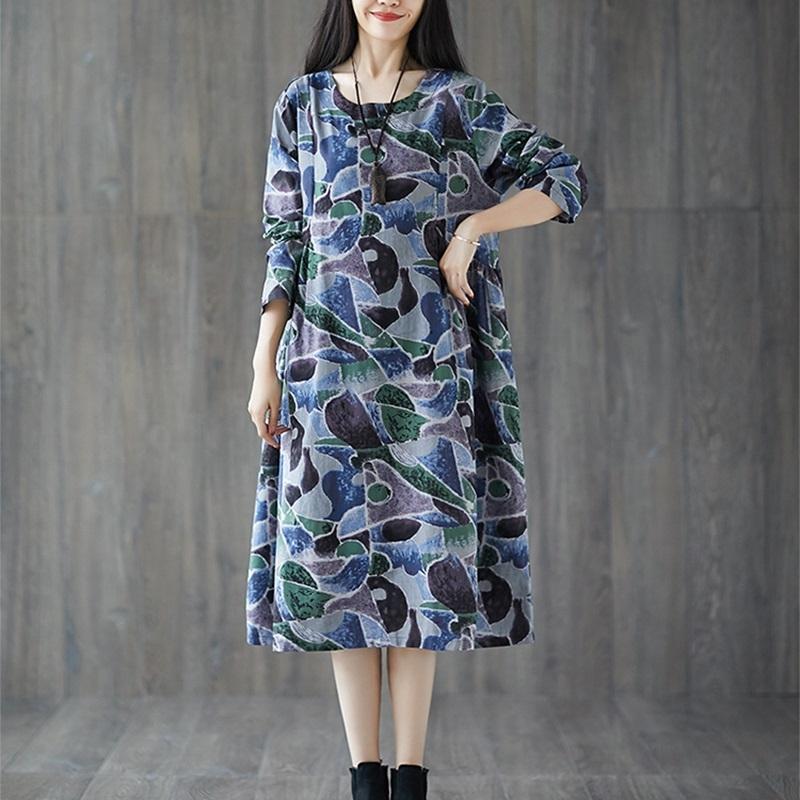 

Loose Slim Printed Mid-length Cotton And Linen Dress