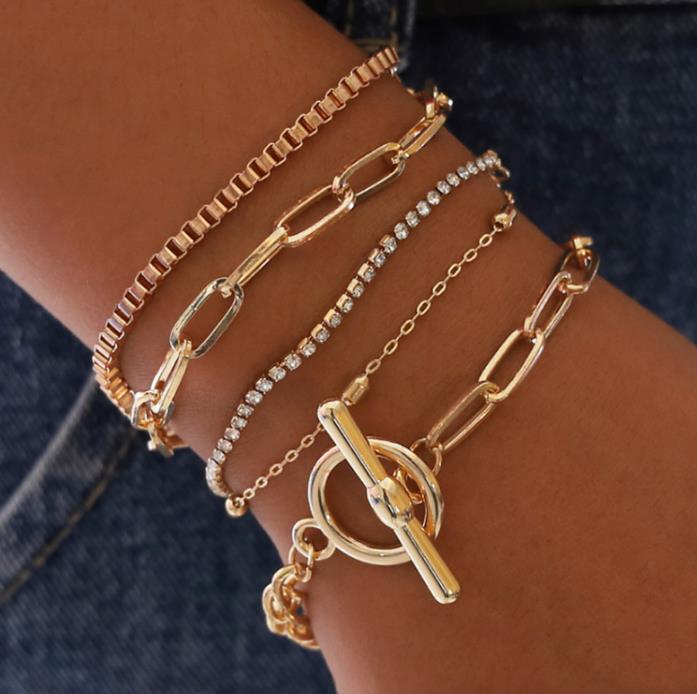 

S1389 Hot Fashion Jewelry Multi Layer Bracelet Set OT Buckle Rhinstone Beads Geometric Hollowed Chain Bracelet