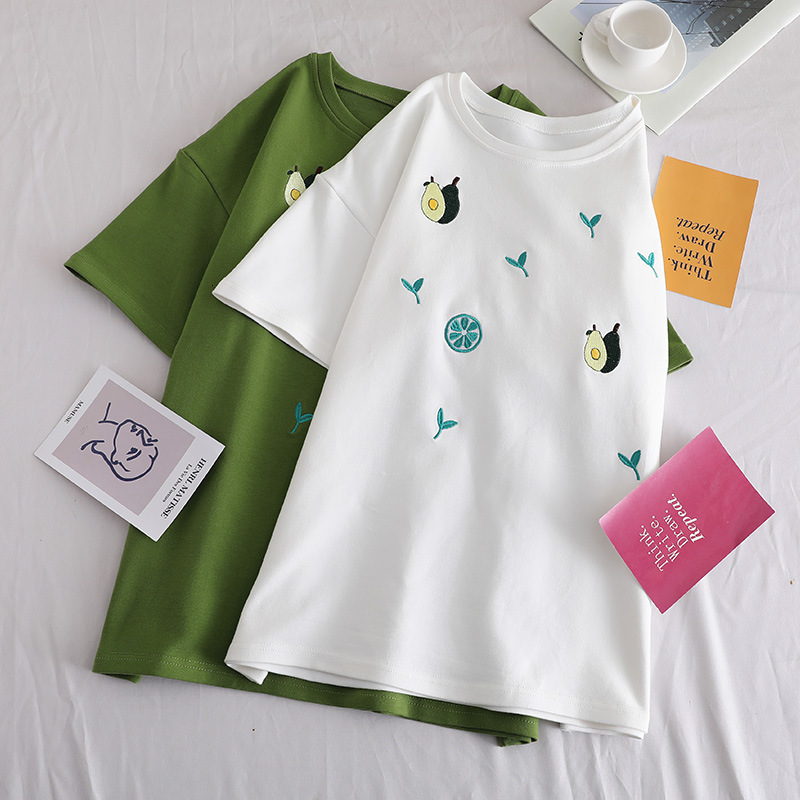 

2021 New Summer student half oversized t-shirts women ulzzang Korean style fruits embroidered girls fashion white tops MYSG, Green