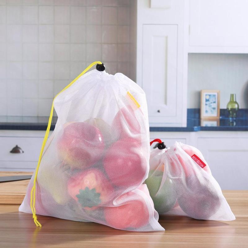 

15Pcs 3 Size Reusable Mesh Produce Bags Washable Eco Friendly Bag for Storage Fruit Vegetable Storage Bags L*51