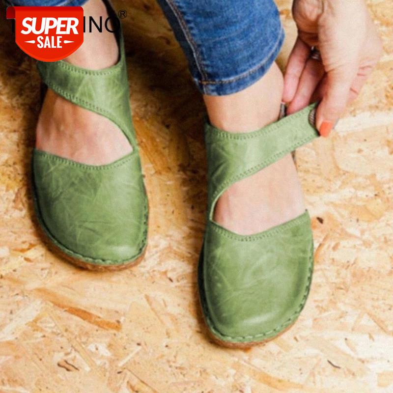 

Women PU Leather Flats Shoes Vintage Sewing Hook Loop Woman Sandals Ladies Buckle Soft Casual Shoes Female Summer #ES2H, Black