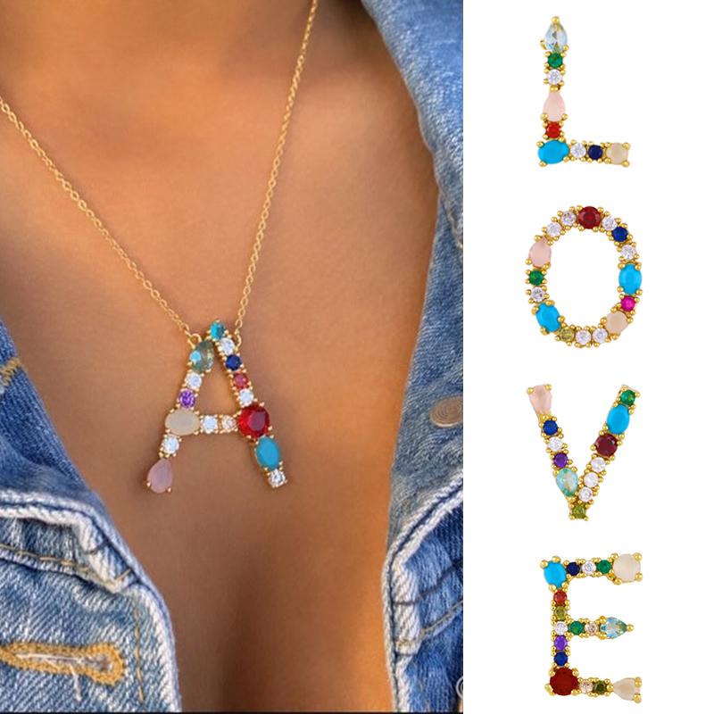 

Pendant Necklaces Fashion Crystal Initial Letter Necklace Rainbow Jewelry Copper Gold Plated Chain Alphabet For Women Friend Gifts Nkep25, Silver