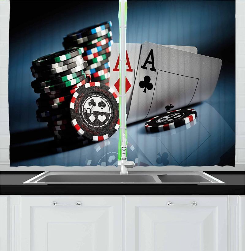 

Poker Tournament Kitchen Window Curtains Chips and Pair Cards of Aces Casino Wager Games Hazard Print Window for Kitche, As pic