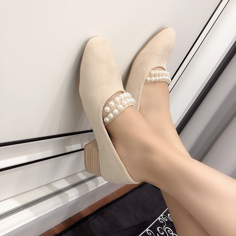 

Spring Sweet New Woman 2020 Pearl Low High Suede Comfortable Female Pumps Vintage Foot Beige Square Heels Party Ay41, Brown.