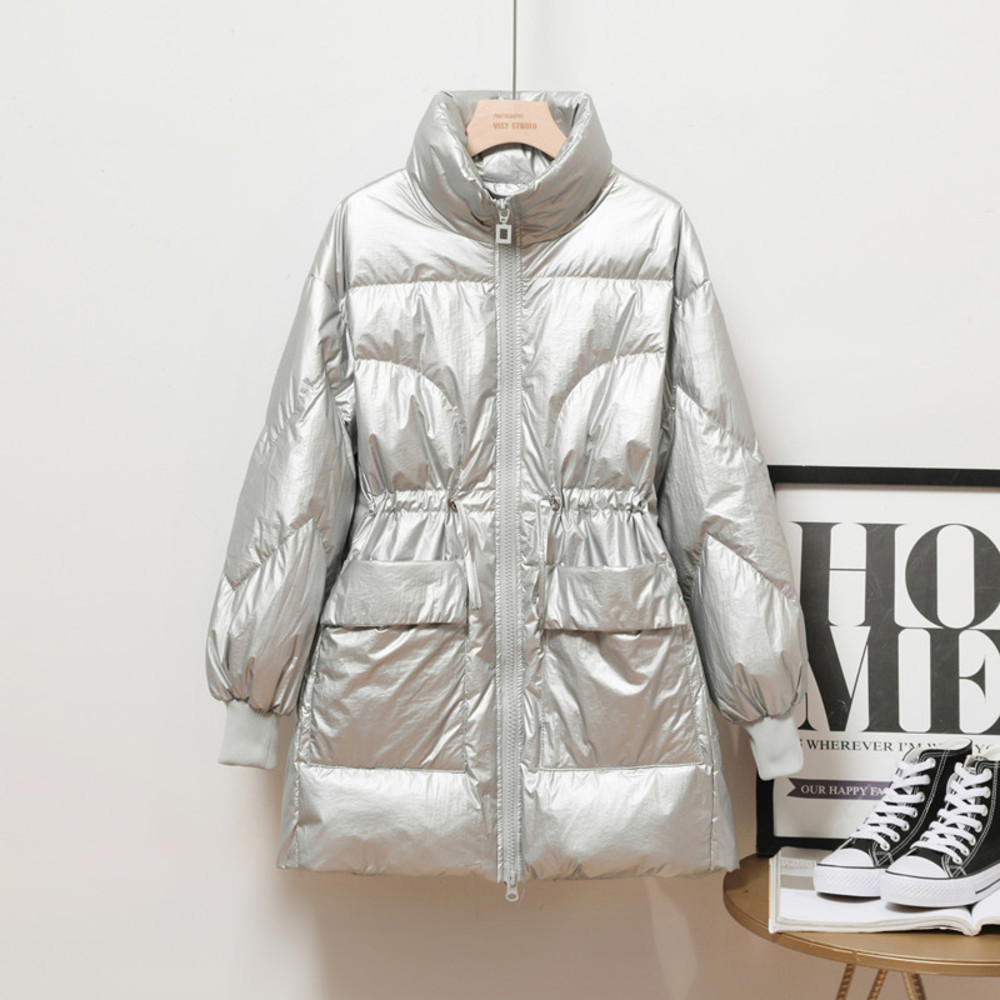 

Fashion Glossy Women Parkas Autumn Winter Slim Long Down Jacket Stand collar Warm Coat Adjustable waist Female Casual Jackets, Creamy-white