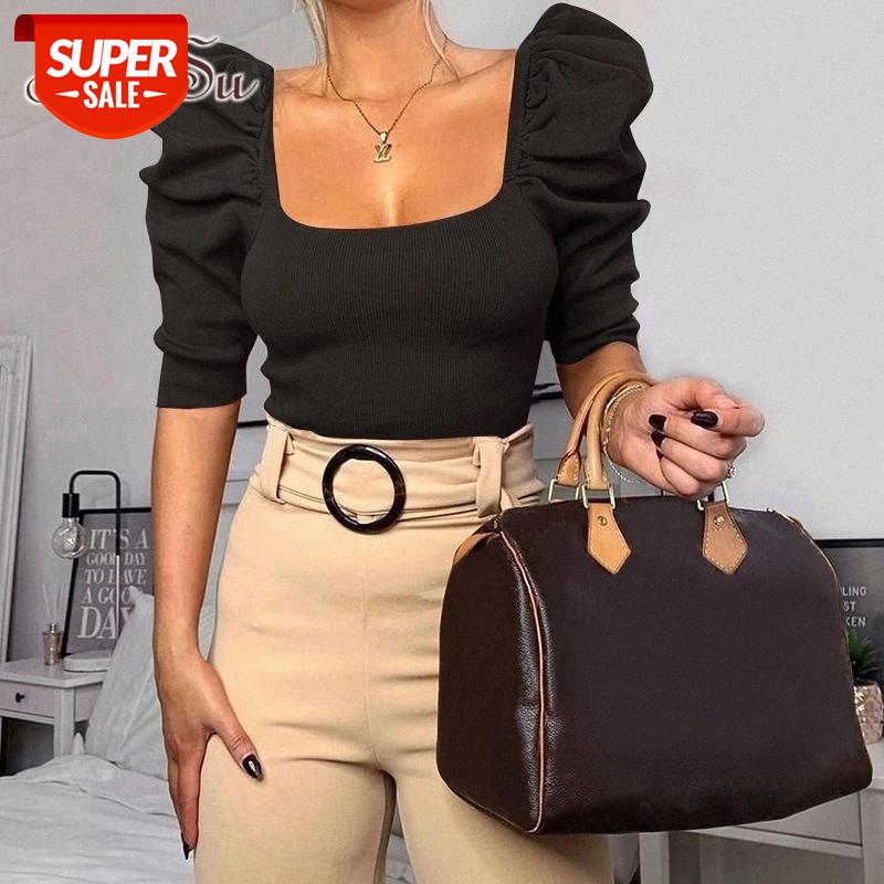 

ArtSu White Puff Sleeve T-shirt Femme Crop Top Women Friends Graphic Tees Black Basic Top Half Sleeve Mujer Streetwear ASTS21382 #VG4a