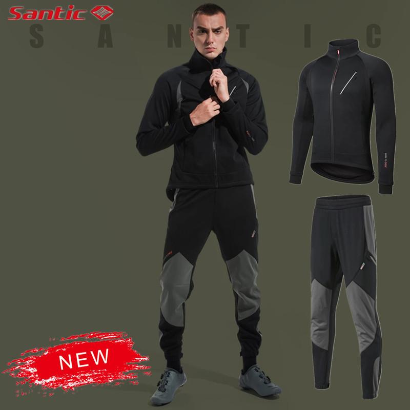 

New Santic Cycling Sets Men Winter Fleece Outdoor Sports Suit Windproof Keep Warm Bicycle Jackets Comfortable Bike Jackets Sets, Black black