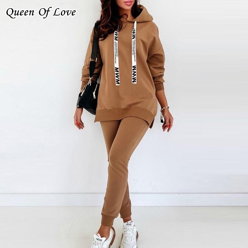

2020 New Autumn Winter Warm Velvet Pants Outfits Suit Casual 2 Piece Women Letter Hooded Sweatshirt Pant Matching Set