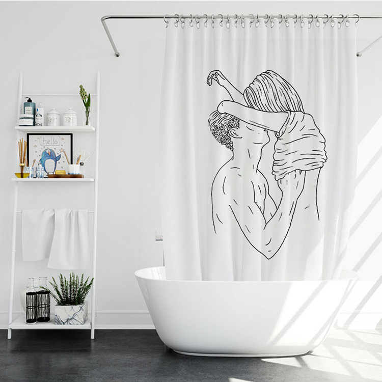

White Polyester Fabric Shower Curtains Nordic Waterproof Thicken Bathroom Curtains with Plastic Hooks
