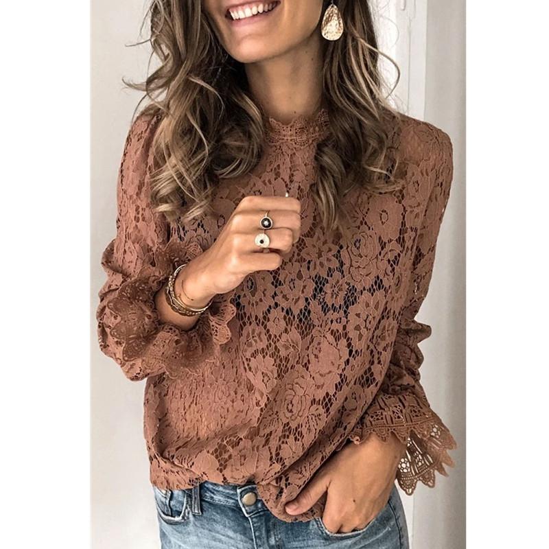 

Newest Arrival Women Lace Hollow Blouses Ruffles Elegant Long Sleeve O-Neck Flower Black Brown Shirts Lace Patchwork Shirts Tops