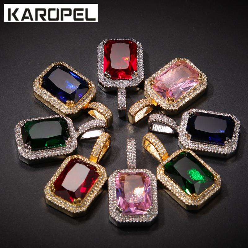 

Iced Out Gold Plate Hip Hop Pink/Blue/Green/Red Square Cubic Zirconia Gem Jewelry Men Necklace 24" Stainless Steel Rope Chain