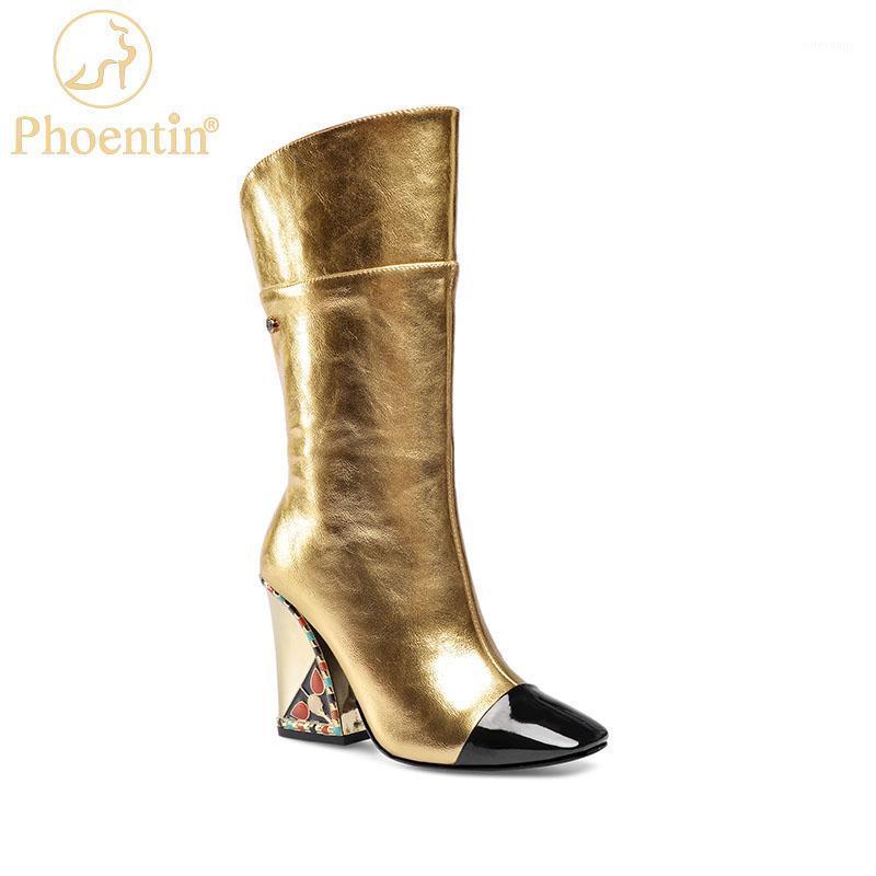 

Phoentin Mid-Calf Boots 2020 Women's Runway Show High Heels Shoes plus size 33-43 Gold Square Toe Boot FT12081, Black