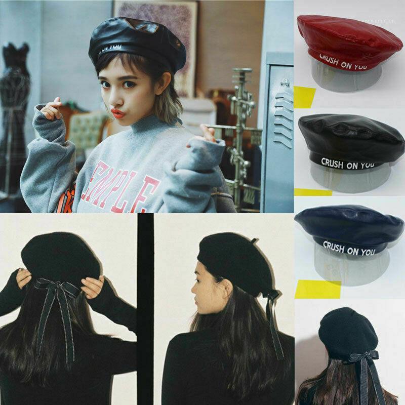 

New 2020 Hot Sale Womens Ladies PU Leather Beret Harajuku Wool Basque Beret Hat With Bowknot1, As pic