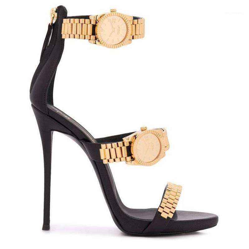 

Luxury Gold Watch Studded High Heel Sandals Metal Chain Decor Gladiator Sandals Women Designer High Heels Party Shoes Woman 20211, As picture