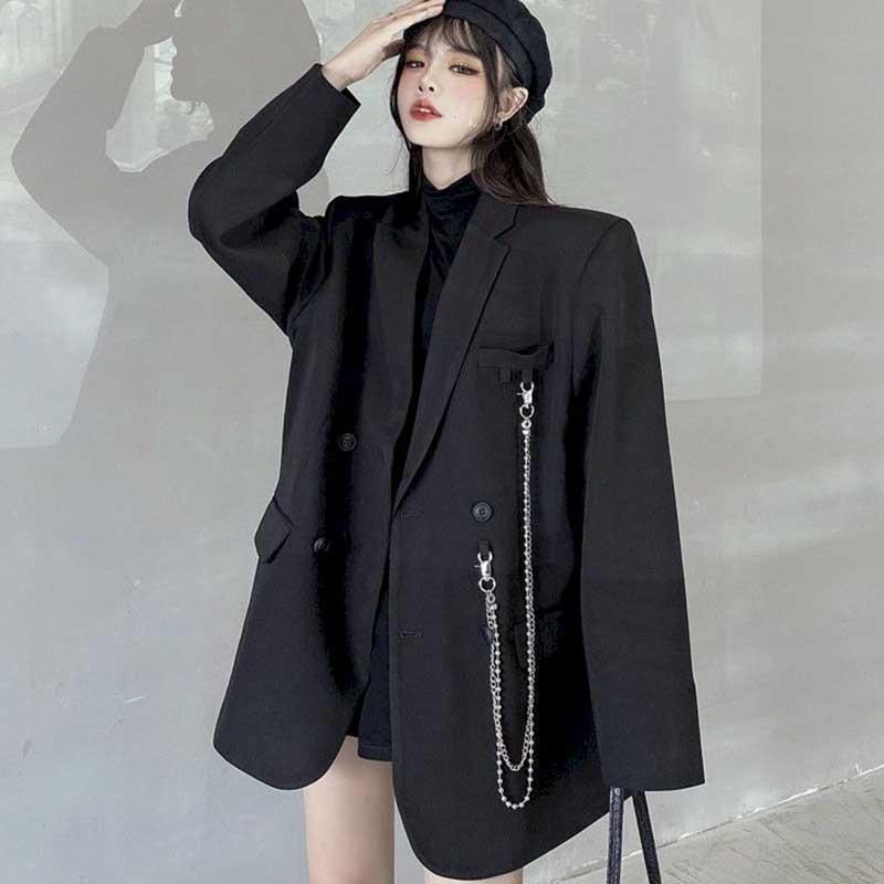 

New suit jacket women' trendy dark black ins retro loose and thin fried street suit jacket women 2021 spring and autumn loose a
