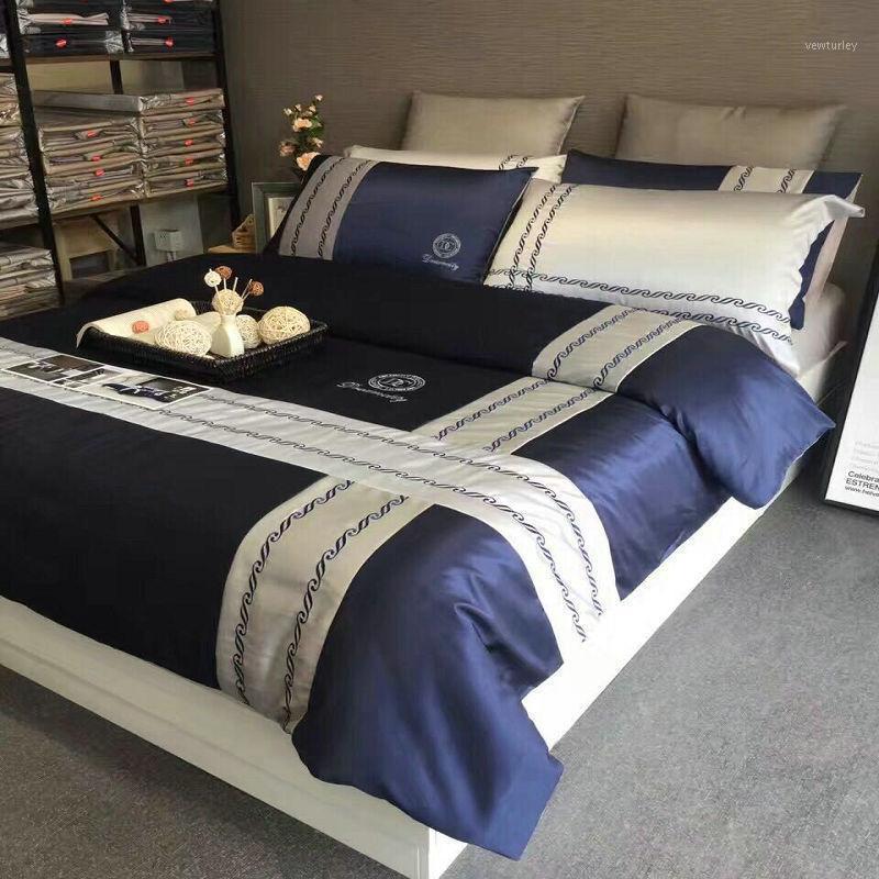 

Luxury Cotton Man Blue White Strips 4/6Pcs Bedding Set King Queen  Size Duvet Cover+ Fitted /Flat Sheet + Pillow case1