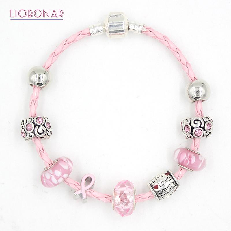 

New Arrival Awareness Jewelry Leather Rope With Live Laught Love Bead Breast Cancer Pink Ribbon Bracelet for Women