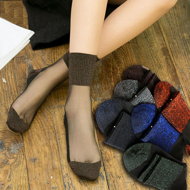 

Summer Fashion Women Ultrathin Transparent Socks Glitter Crystal Glass Silk Socks Breathable Lace Shiny Elastic Short, Blue