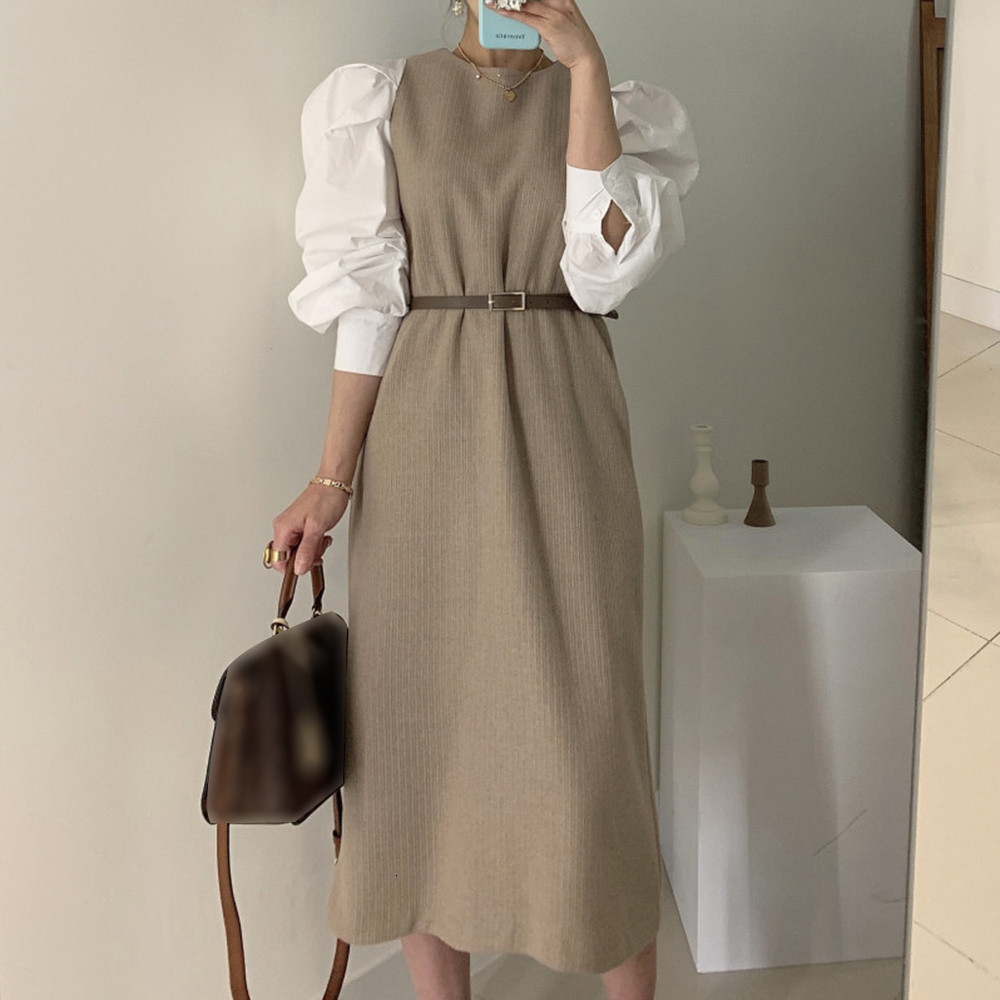 

2021 New Korean Version Dress Puff Sleeve Round Neck Splicing Belt All-match Autumn Winter Sweater Y3N3, Black