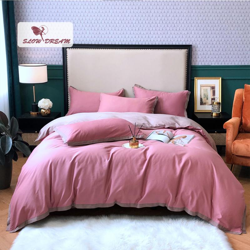 

SlowDream Pink Bedding Set Modern Pure Cotton 60 Count High Quality Duvet Cover Elastic Band Fitted Sheet Double Queen King