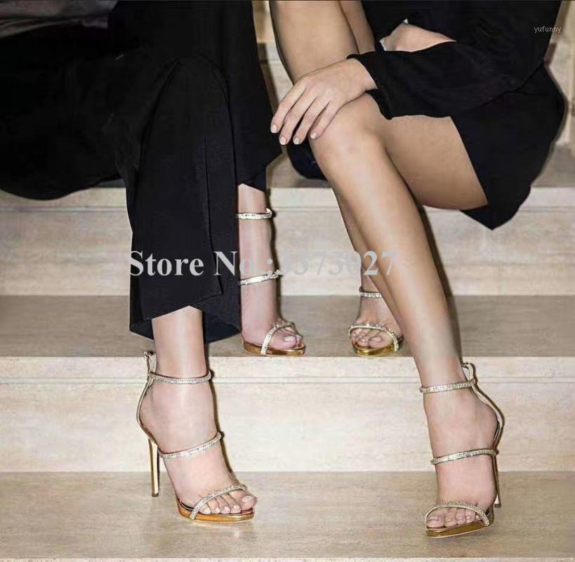 

New Gold Color Women Crystal Sandals Shoes Fashion Strap Stiletto Heel Dress Sandals Lady Real Photos Party Shoes Dropship1, As picture