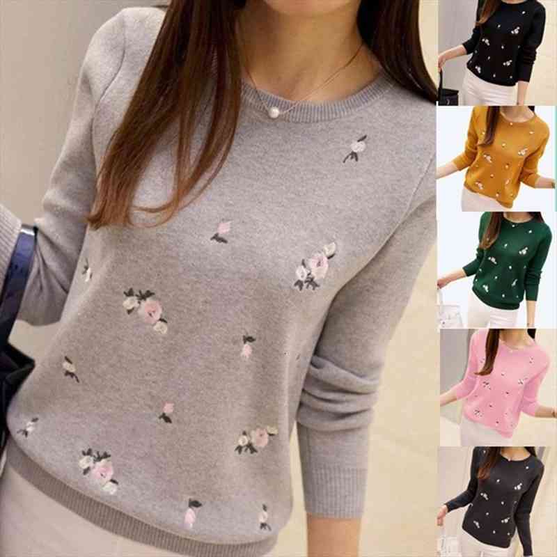 

women fashion autumn winter long sleeve floral embroidery o neck pullover knitted jersey sweater, White;black