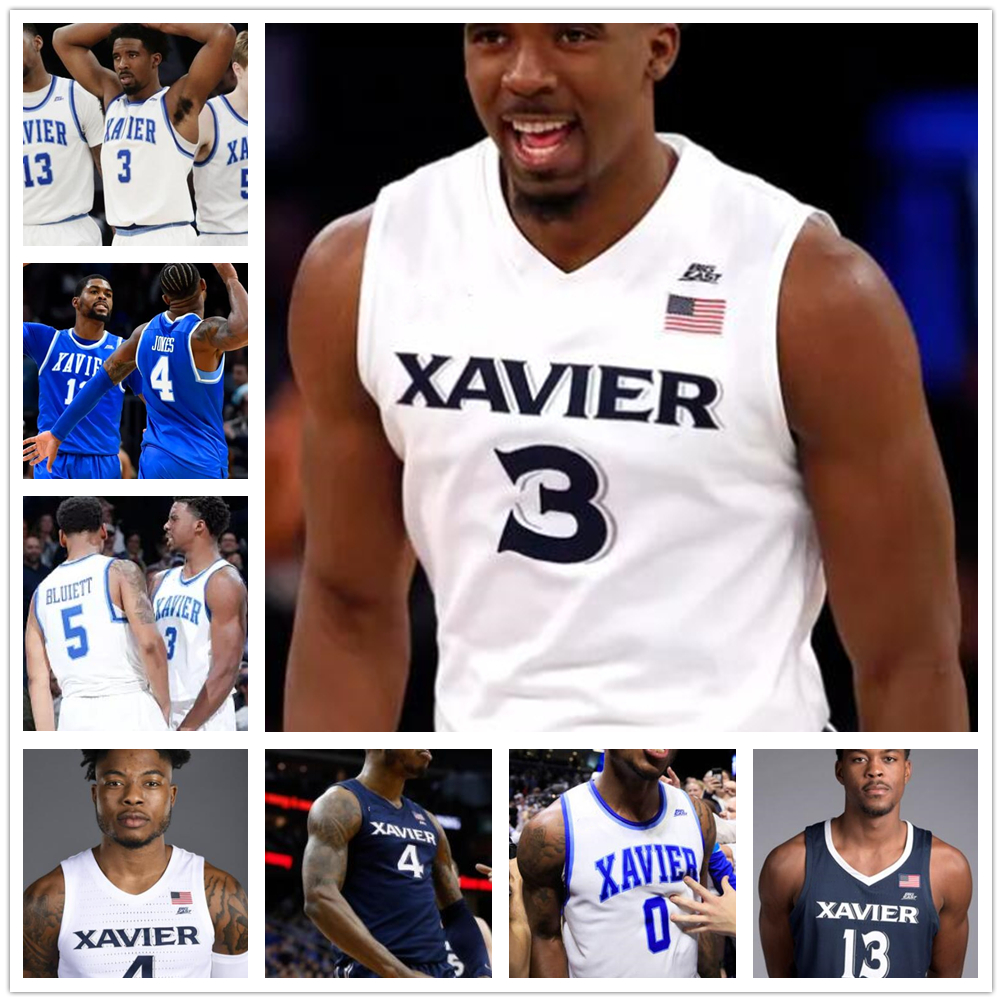 

Custom Xavier Basketball Jersey NCAA College 4 Tyrique Jones Naji Marshall Paul Scruggs Freemantle Moore Goodin Bishop Carter Crawford West, Blue