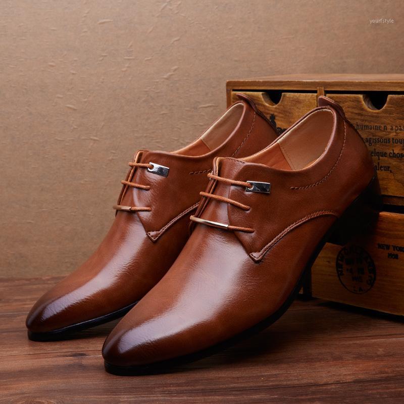 

New 2020 Men Business Formal Dress Shoes Oxford Men Leather Shoes Lace-Up Pointed Toe British Style Brown Black1, Black