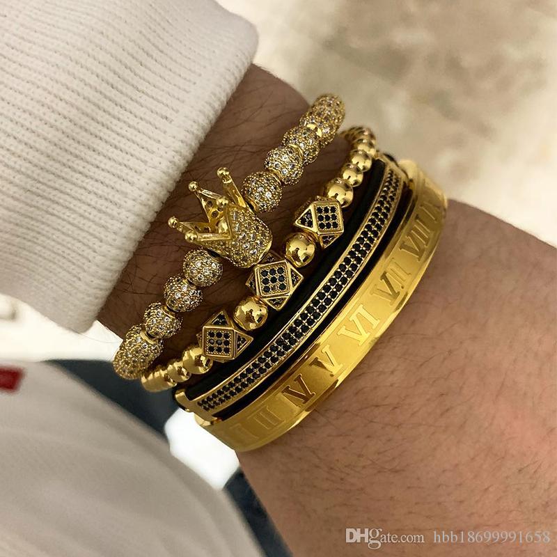 3pcs/set+Roman numeral titanium steel bracelet couple bracelet/crown/2018/for lovers/bracelets for women men luxury jewelry-image-618142458