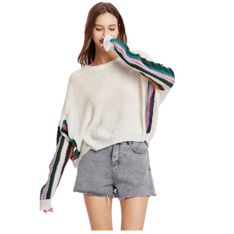 

Sweaters Ladies Long Sleeve Round Neck Bat Sleeve Rainbow Stripe Patchwork Knit Women Pullover Sweater Women Tops 2021 Drop Ship, Wh
