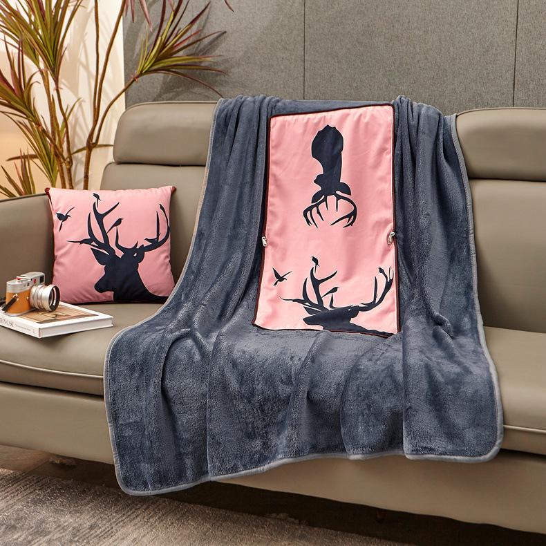 

2 In 1 Coral Fleece Elk Foldable Patchwork Quilt Blanket Portable Foldable Square Home Office Car Throw Pillow Back Cushion