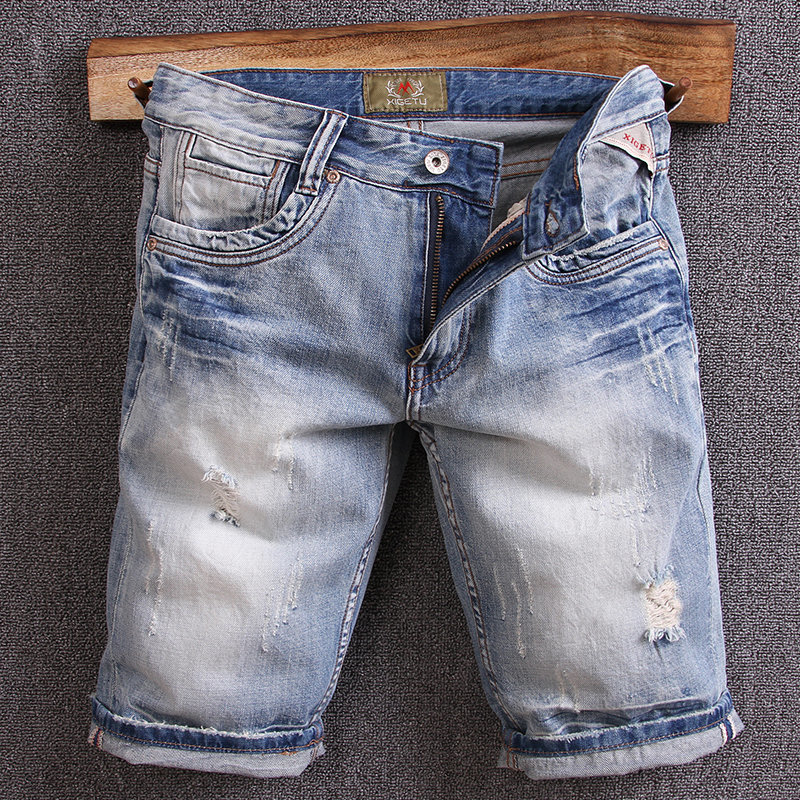 

2021 New Fashion Summer Designer High Quality Light Blue Ripped Short Jeans Men Streetwear Hip Hop Denim Shorts Hombre Kqpg
