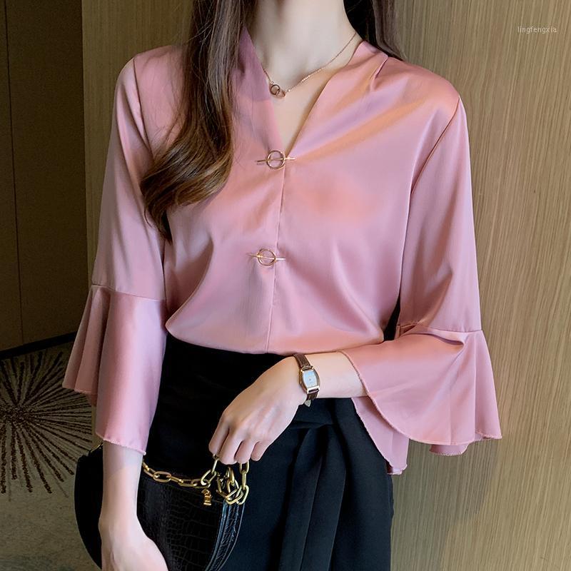 

Women' Blouses & Shirts Fashion Women Silk Elegant Satin Blouse Plus Size Woman Butterfly Sleeve V Neck Shirt Ruffles1, Blue