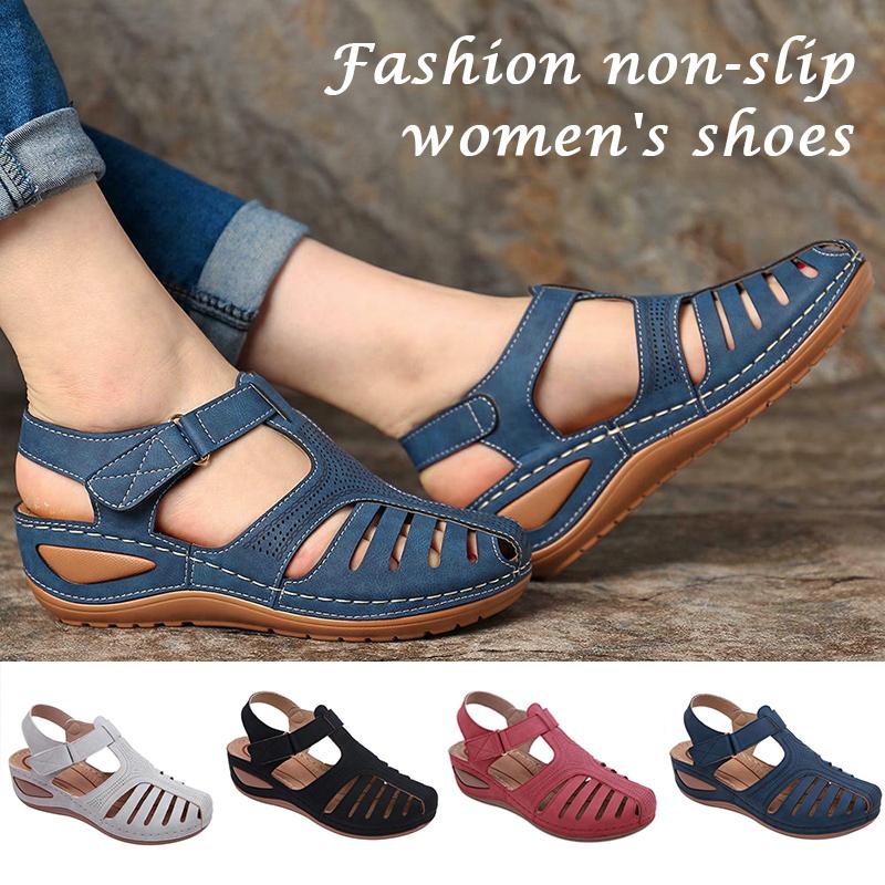 

Retro PU Leather Sandals Summer Wedges Round Toe Hollow Out Sandals for Women FS99, Black