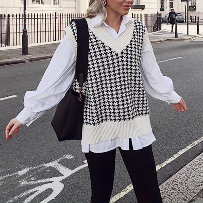 

winter Plaid Knitted Sweater Vest Women 2020 Oversized Pullover Vintage Sleeveless V-Neck Korean Female Waistcoat Sweater Tops, Color like photo