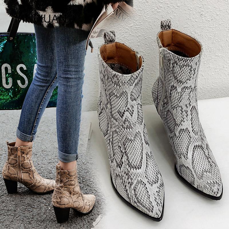 

MNIXUAN Fashion Boots Pointed Toe High Heel Ankle Boots Snake Print 2020 winter women block heel shoes punk black booties