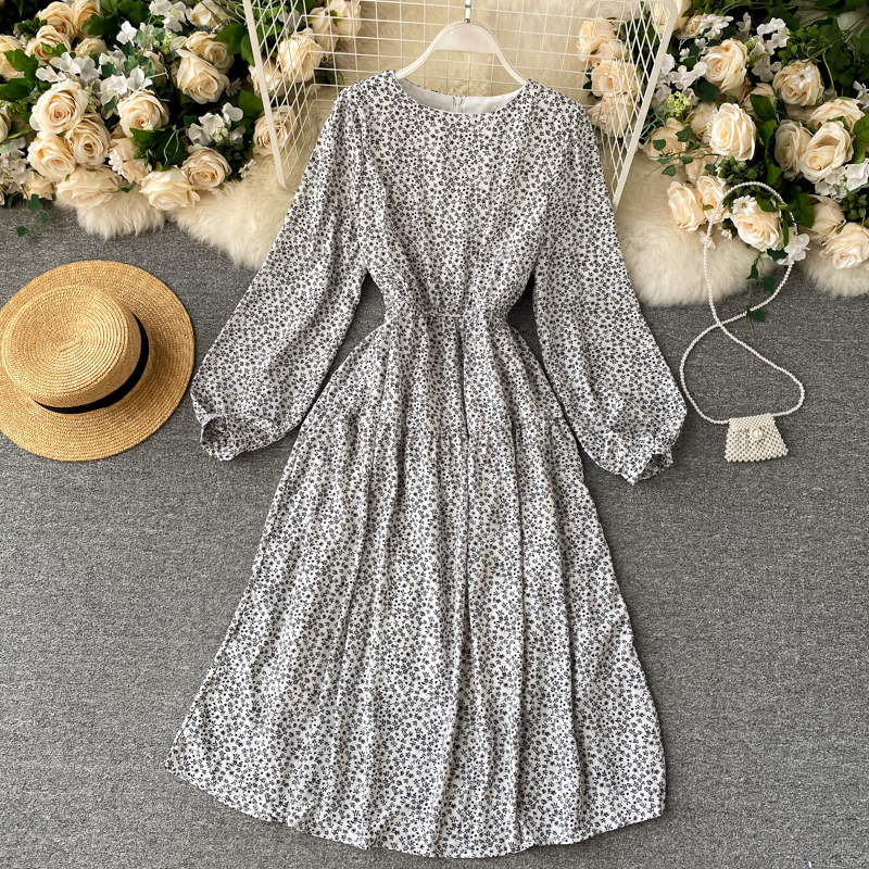 

2021 New Female singer in floral autumn retro puff the line dressed bohemian chic impression long dress holiday TC76, Brown